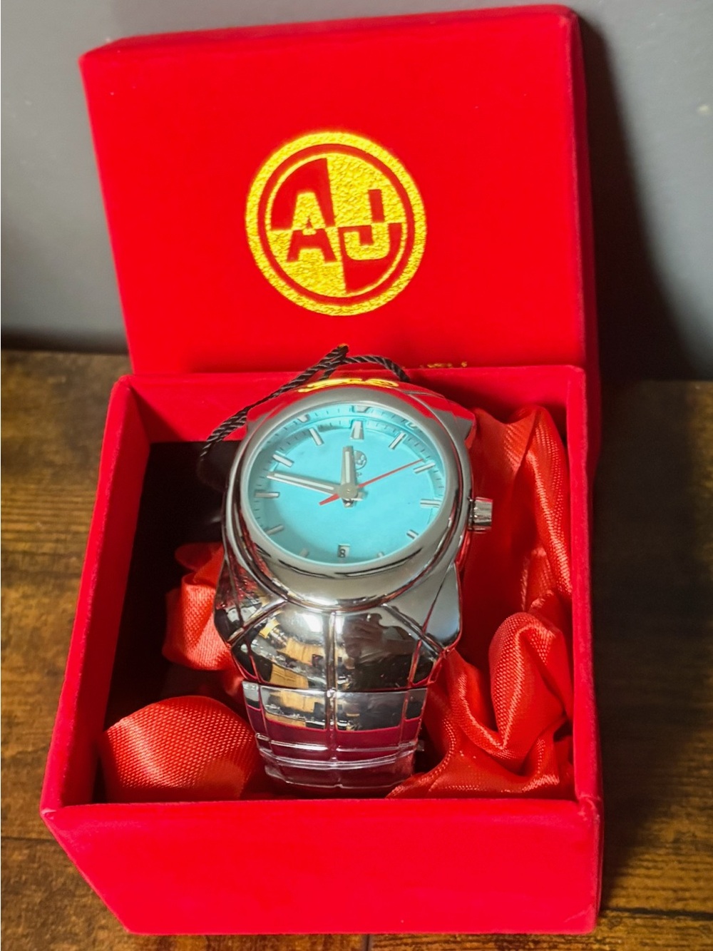 AJ Logo Silver Watch with Turquoise Dial